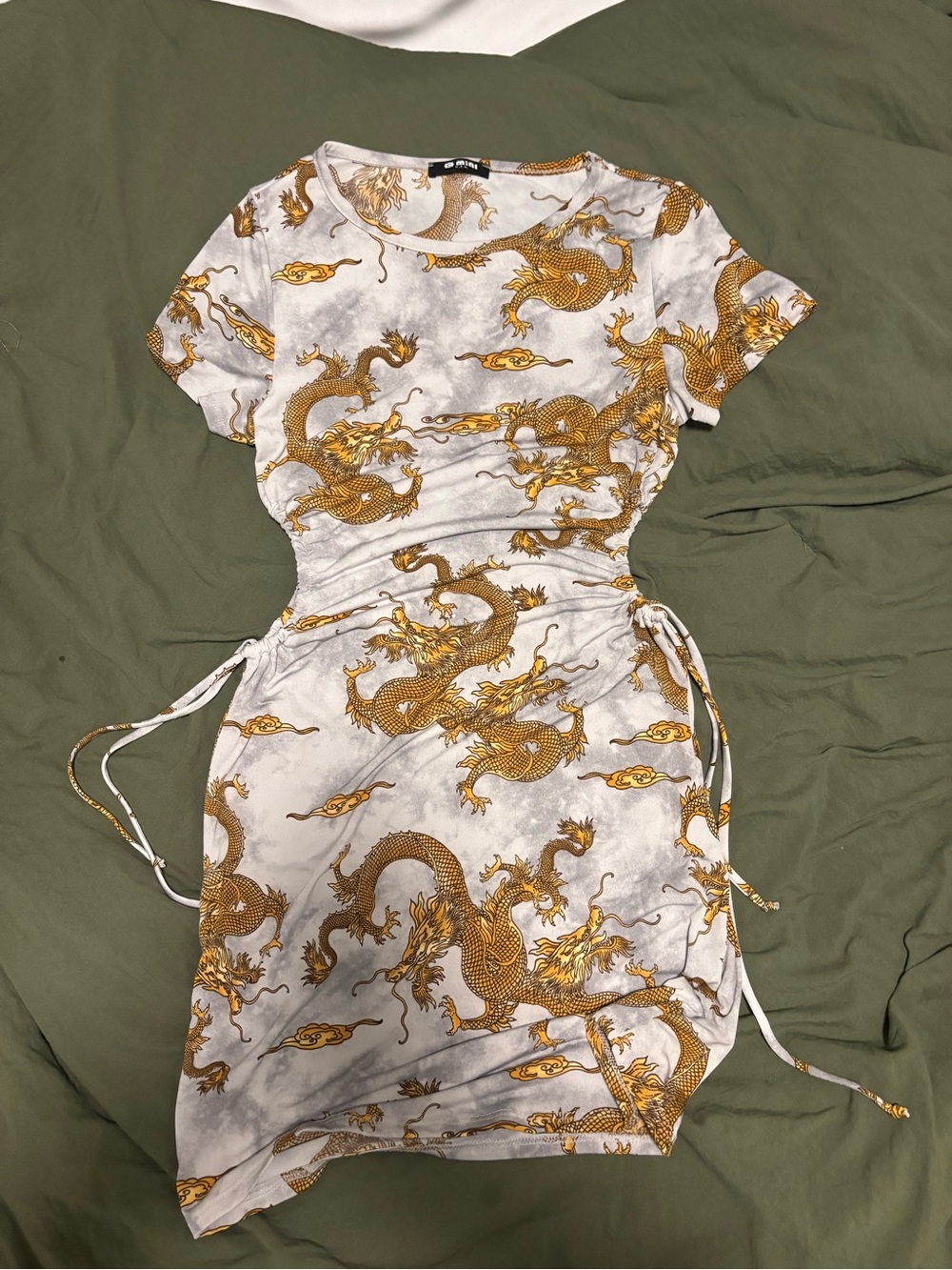 G Mini Golden Dragon Print Side Cutouts Dress - Gray & Gold